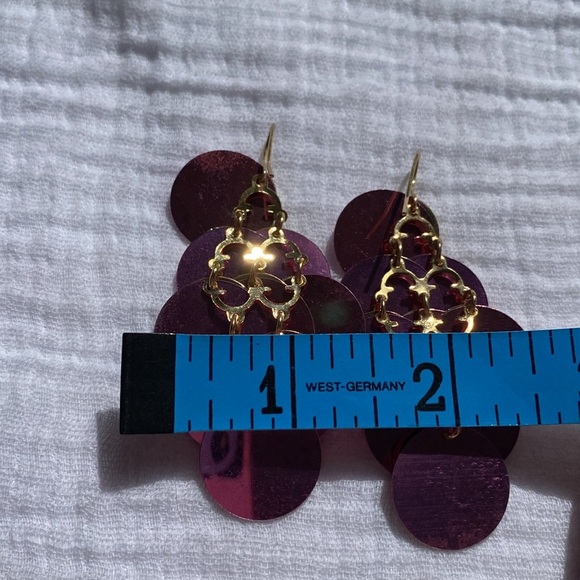 Purple Gold sequin paillette chandelier earrings‎ dangle 3 inch long lightweight - Picture 5 of 8